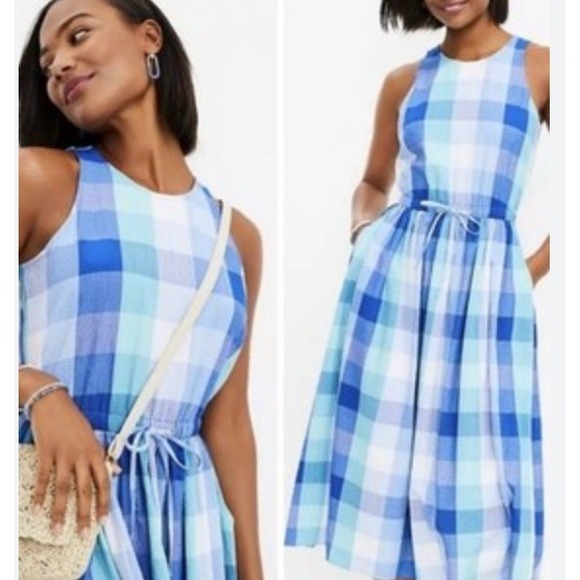 LOFT Seersucker Plaid Midi Dress Size M  Open Back Cutout, Pockets Summer Casual - Picture 1 of 11